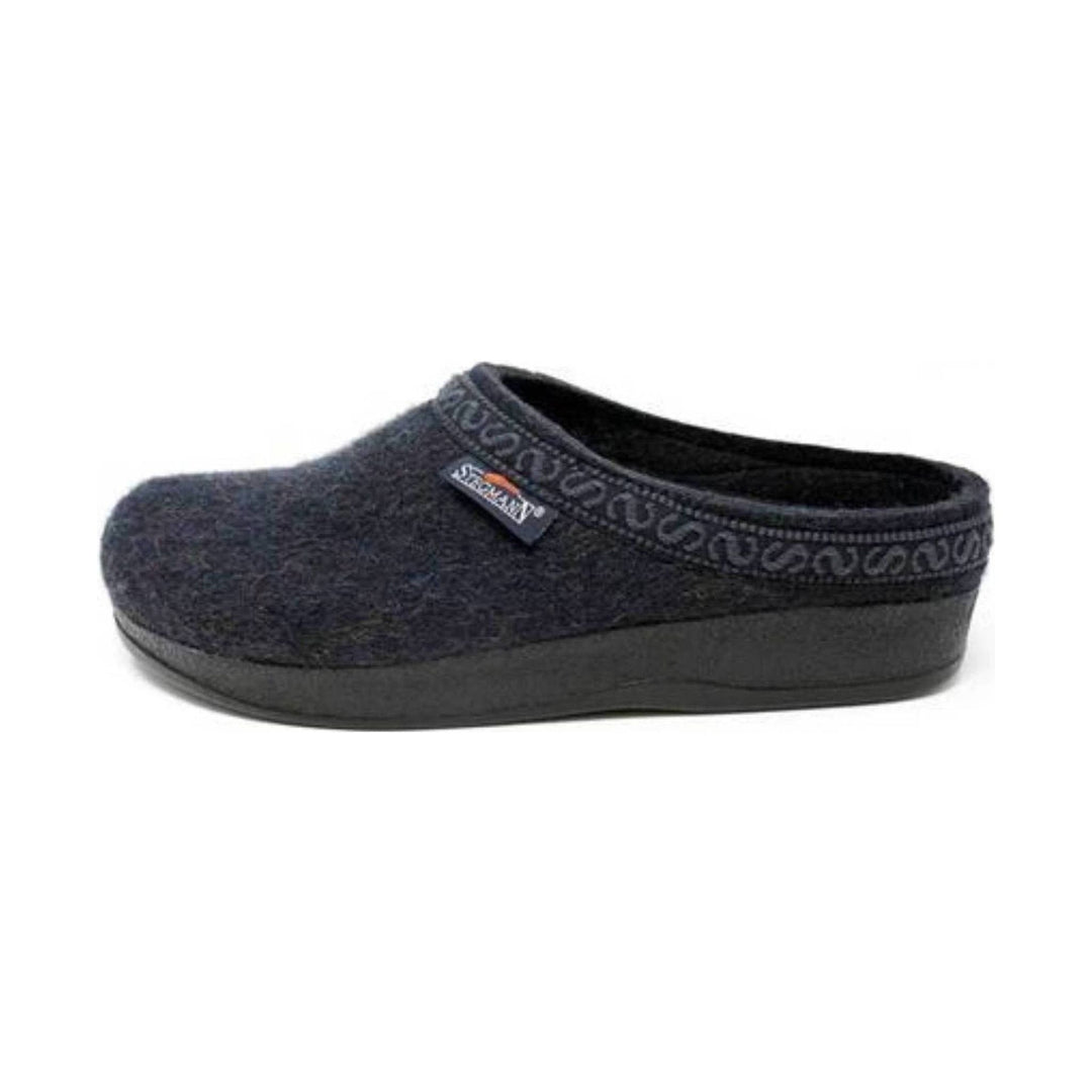 Dark felt clog slipper with a thick black platform sole and branded side tag