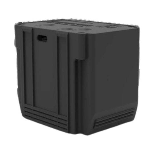 Dark gray rectangular rechargeable battery pack with ridged sides and vent slots