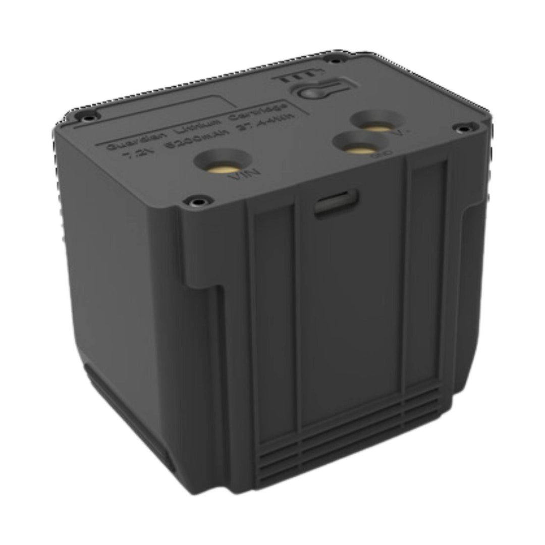 Dark gray rectangular battery pack with molded ridges and recessed contact ports on top