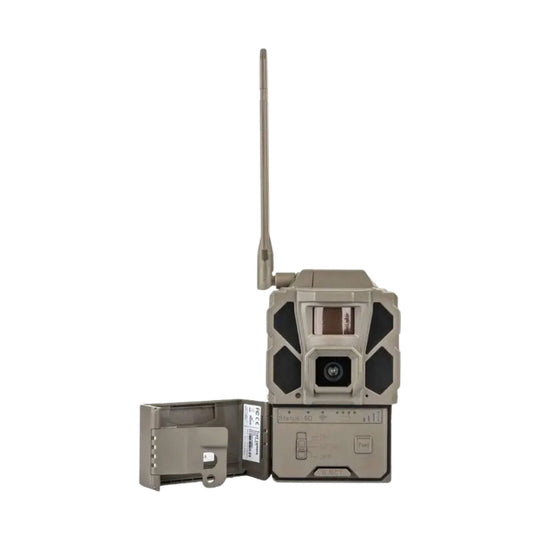 Gray trail camera with long antenna, front lens, and open battery compartment