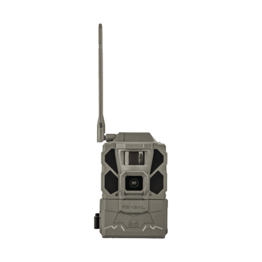 Gray trail camera with antenna, front lens, and visible REVEAL X 3.0 markings