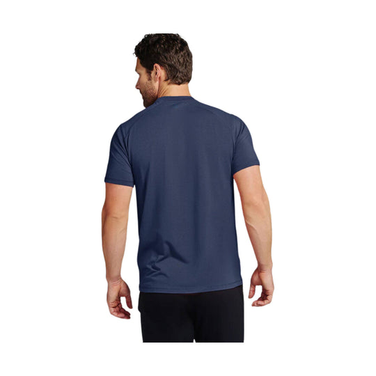 Back view of a navy short-sleeve athletic T-shirt on a male model