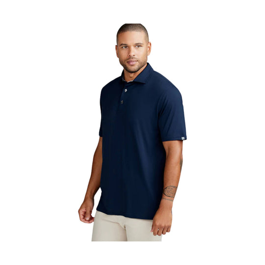 Navy short-sleeve polo shirt with a three-button placket