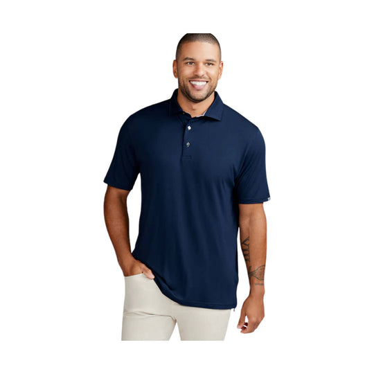 Navy short-sleeve polo shirt with three-button placket and collar