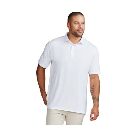 White short-sleeve polo shirt on a male model