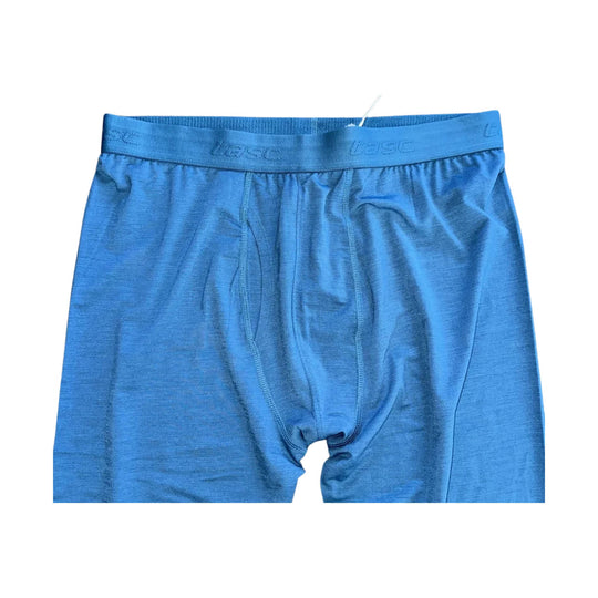 Blue men's base layer pants with an elastic waistband and front fly seam
