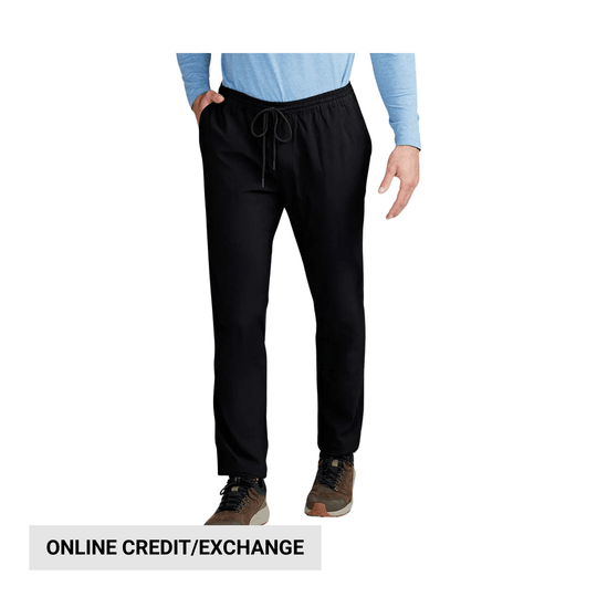 Black drawstring pants on a model with a light blue long-sleeve top, plus an "ONLINE CREDIT/EXCHANGE" banner