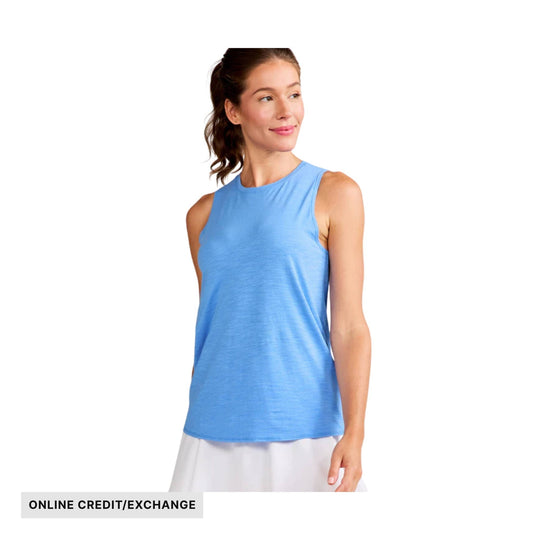 Blue sleeveless athletic tank top worn by a model, with an "ONLINE CREDIT/EXCHANGE" label.