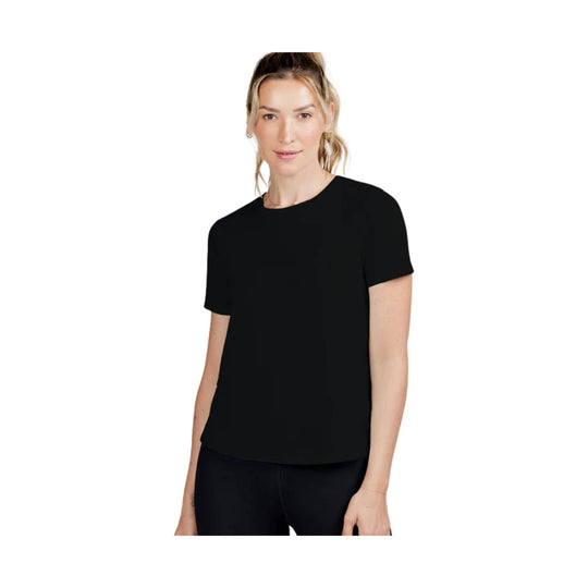 Black short-sleeve crewneck tee shown on a model