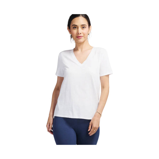 White V-neck short-sleeve T-shirt on a model