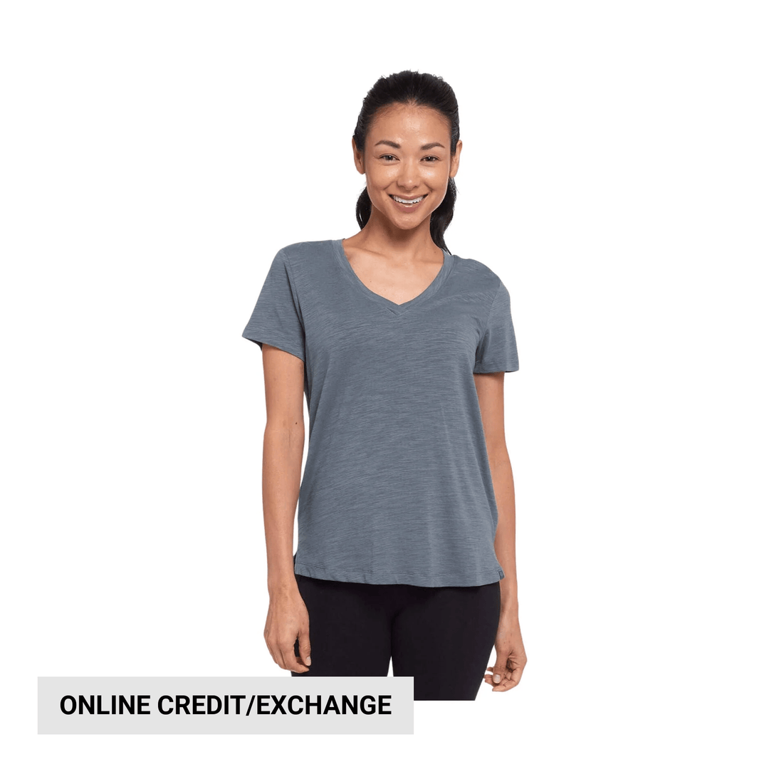 Gray V-neck short-sleeve T-shirt on a model, with "ONLINE CREDIT/EXCHANGE" text overlay