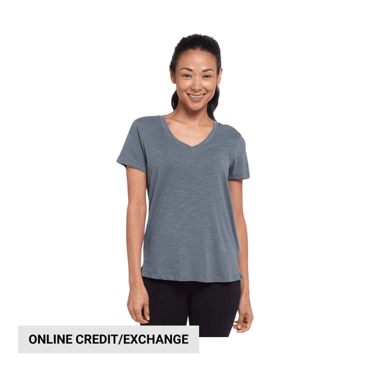 Gray V-neck short-sleeve T-shirt on a model, with "ONLINE CREDIT/EXCHANGE" text overlay