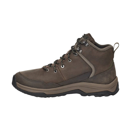 Brown leather hiking boot with black tread sole, metal eyelets, and loop pull tab