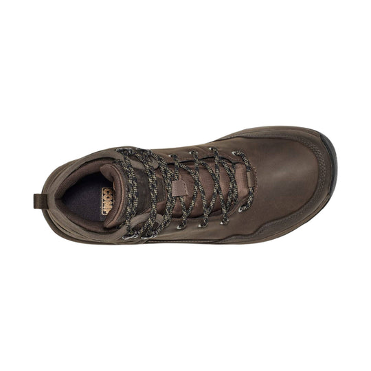 Brown hiking boot shown from above with bungee laces, padded collar, and a black rubber toe cap