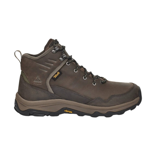 Brown mid-top hiking boot with black lug sole, metal eyelets, and bungee laces