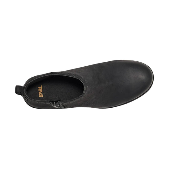 Black slip-on ankle boot with side zipper and pull tab, shown from above