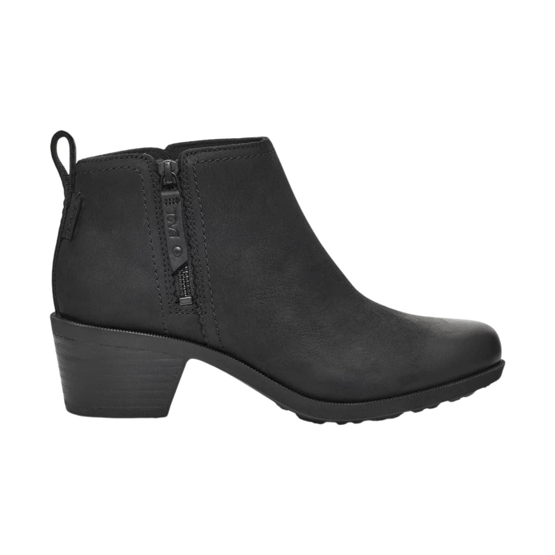 Black ankle boot with side zipper, block heel, and pull tab