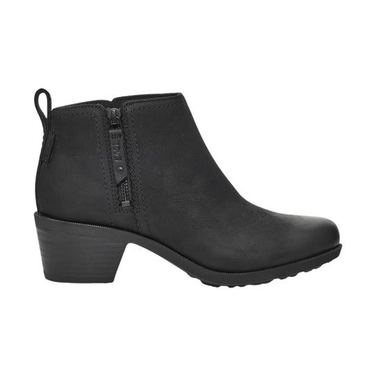 Black ankle boot with side zipper, block heel, and pull tab
