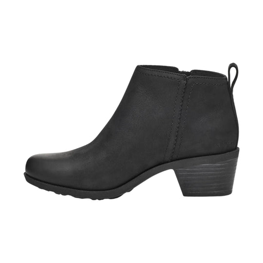Black leather ankle boot with round toe, side seams, and stacked block heel