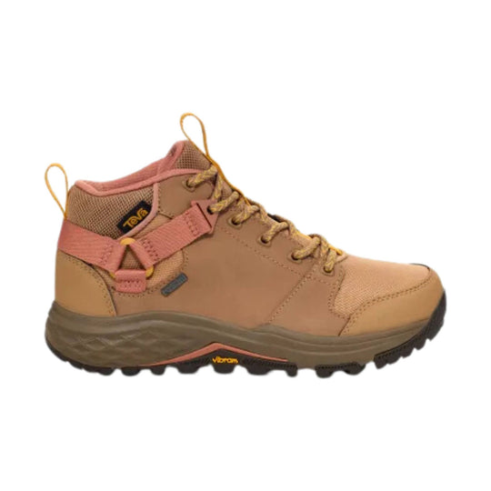 Tan and pink mid-top hiking boot with mesh panels, round laces, and a lugged outsole