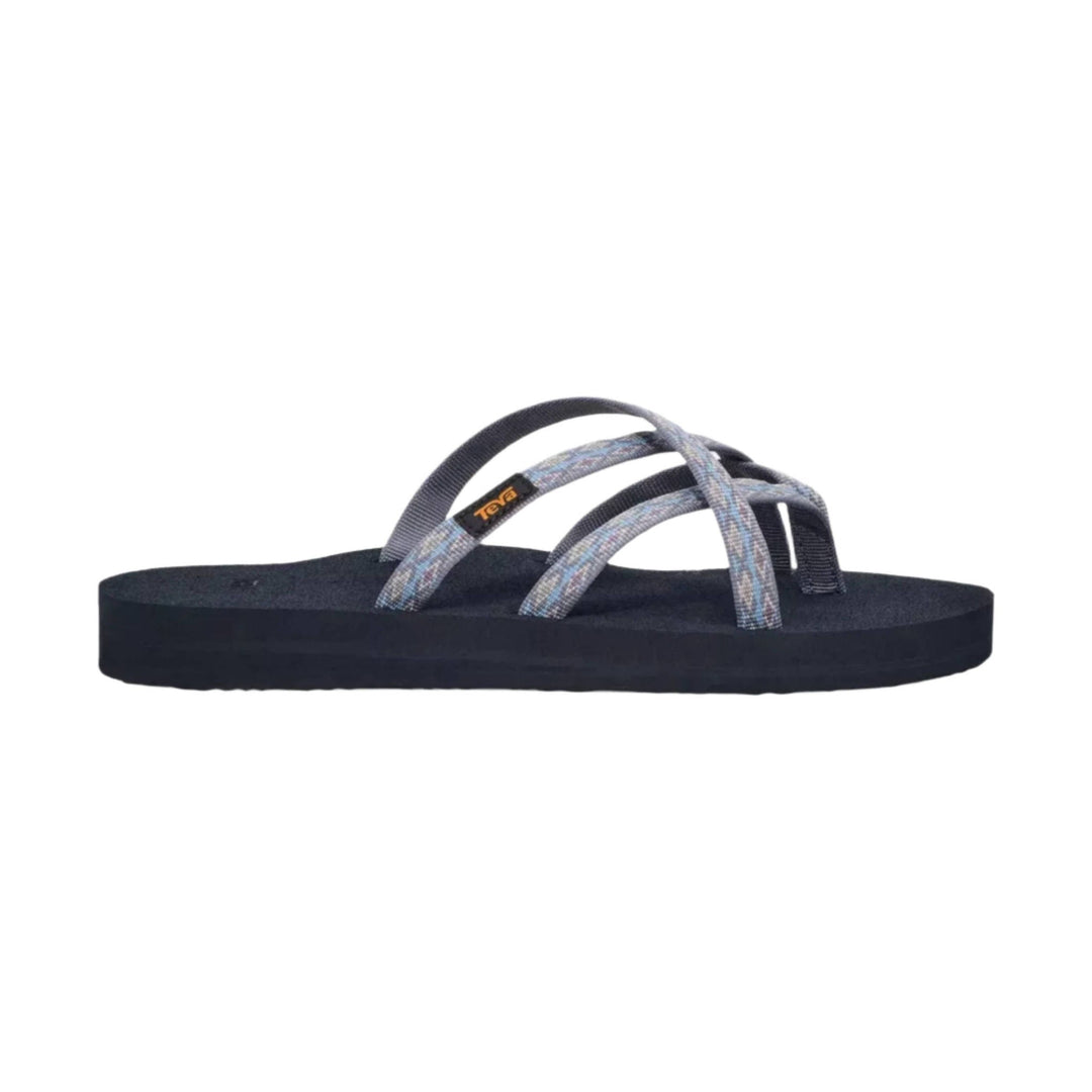 Black thong sandal with crisscross patterned straps and a thick platform sole