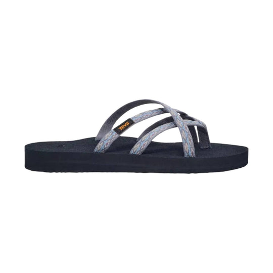 Black thong sandal with crisscross patterned straps and a thick platform sole