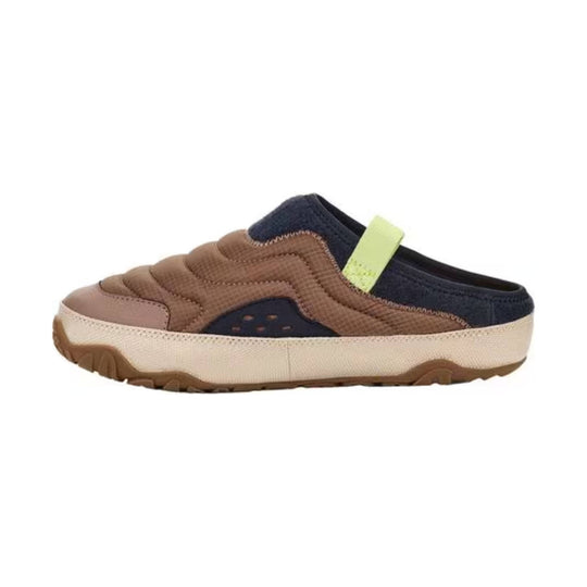 Brown and navy slip-on mule with a cream midsole, tan outsole, and lime heel pull tab