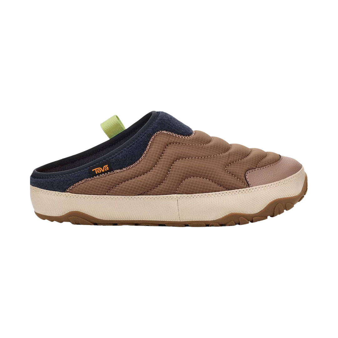 Brown and navy slip-on slipper with quilted upper, beige sole, and green heel loop