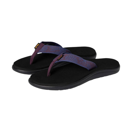 Pair of black thong sandals with purple-blue woven straps and small logo tags