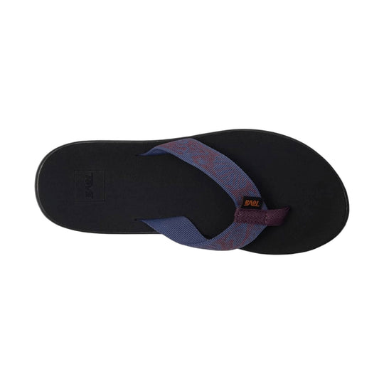 Black flip-flop sandal with purple and blue woven straps
