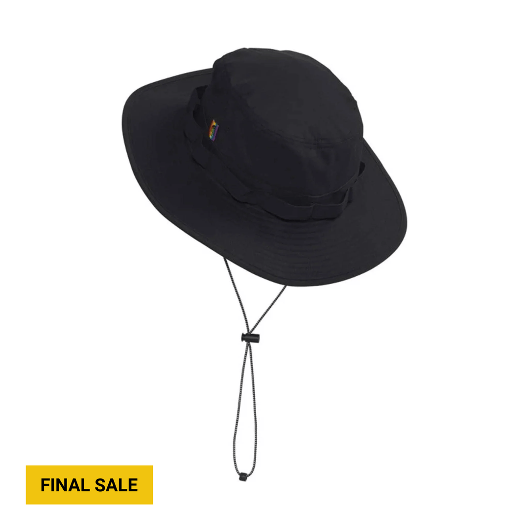 Black wide-brim sun hat with chin cord and rainbow side tag