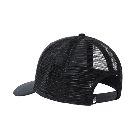 Black mesh trucker hat with curved brim and adjustable snapback