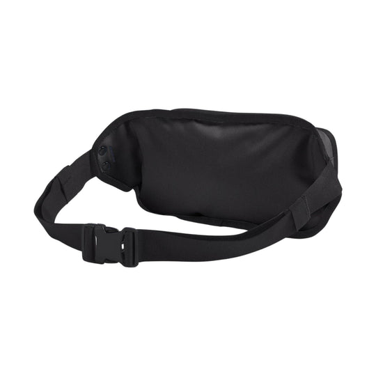 Black waist pack with an adjustable webbing strap and buckle closure