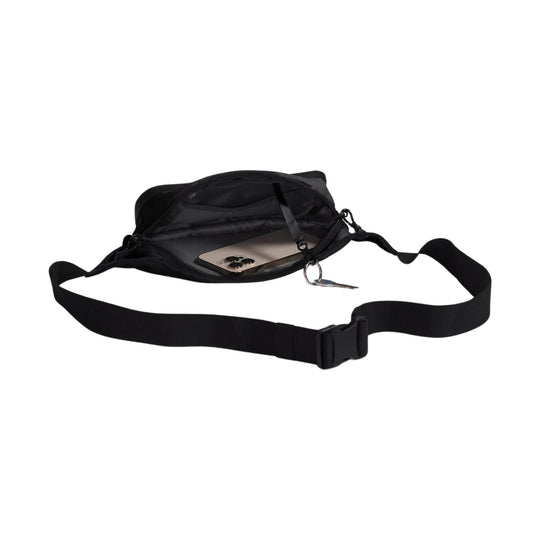 Black crossbody waist pack with an open main compartment, adjustable strap, and zipper closure