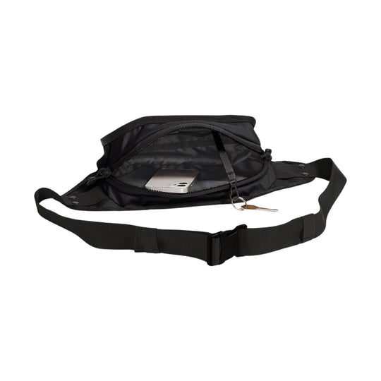 Black zippered waist pack with adjustable strap, open main compartment, and attached key clip.