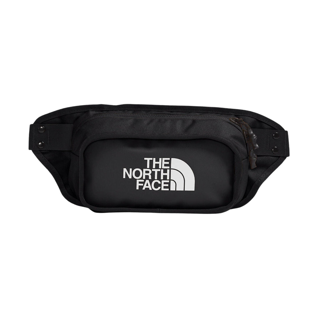 Black waist pack with a front zip pocket and The North Face logo