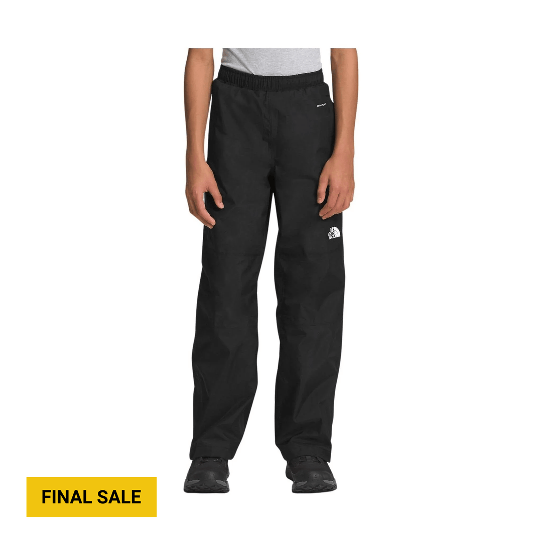 Black rain pants with elastic waistband, straight legs, and small front logo; Final Sale banner