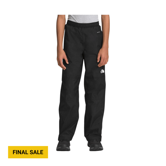 Black rain pants with elastic waistband, straight legs, and small front logo; Final Sale banner