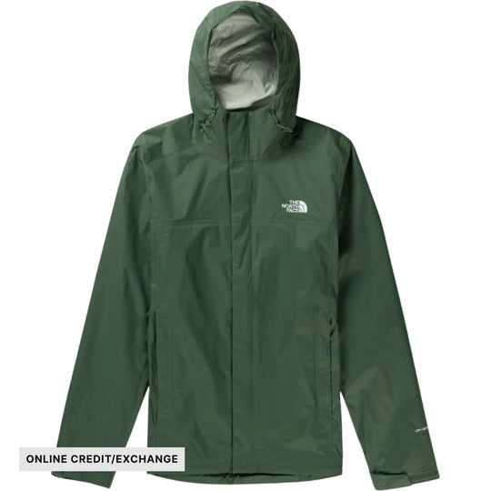 Dark green hooded rain jacket with a chest logo and front pockets