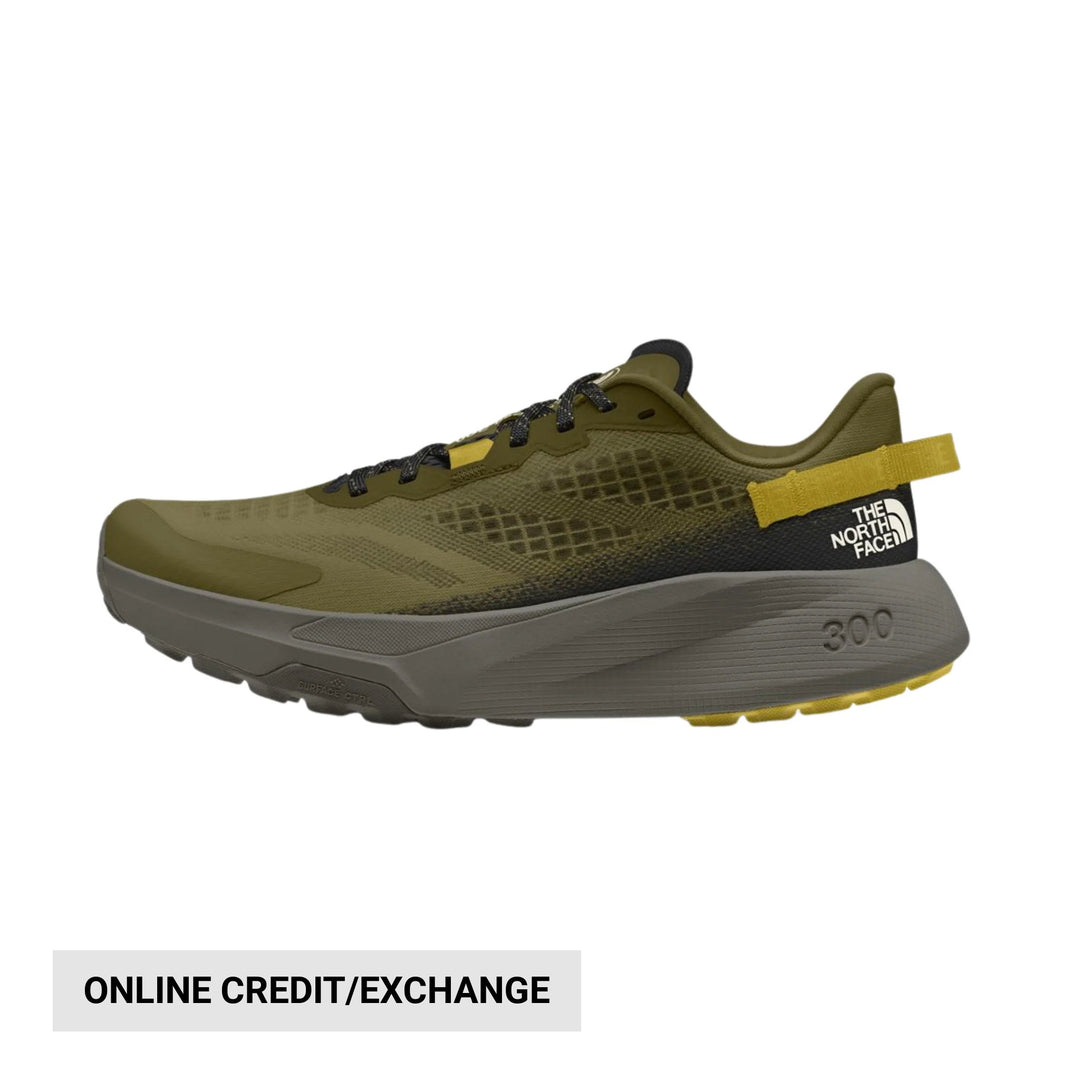 Olive and black trail running shoe with gray midsole and yellow heel pull tab