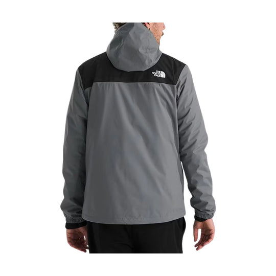 Gray and black hooded jacket shown from the back with a small chest logo.