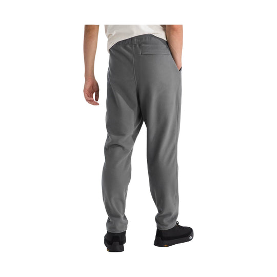Gray fleece jogger pants shown from the back on a model, with elastic waistband and tapered ankles