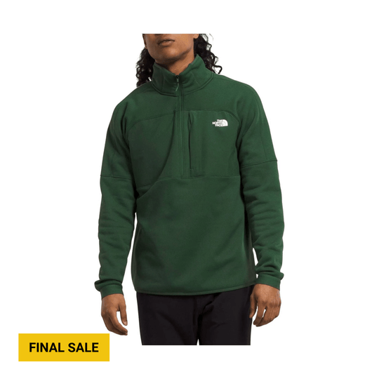 Dark green half-zip fleece pullover with chest logo and zip chest pocket