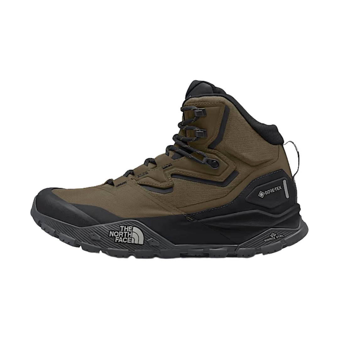 Mid-height hiking boot in brown and black with bungee laces and rugged tread
