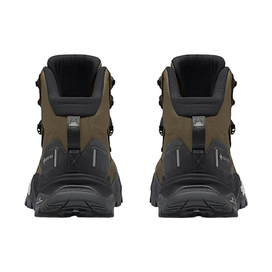 Pair of olive and black mid-top hiking boots shown from the back