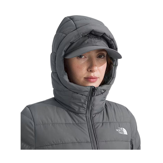 Gray hooded puffer jacket with built-in cap and The North Face logo