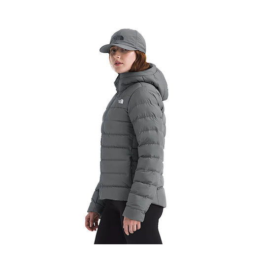 Gray hooded puffer jacket with The North Face logo, shown in side view