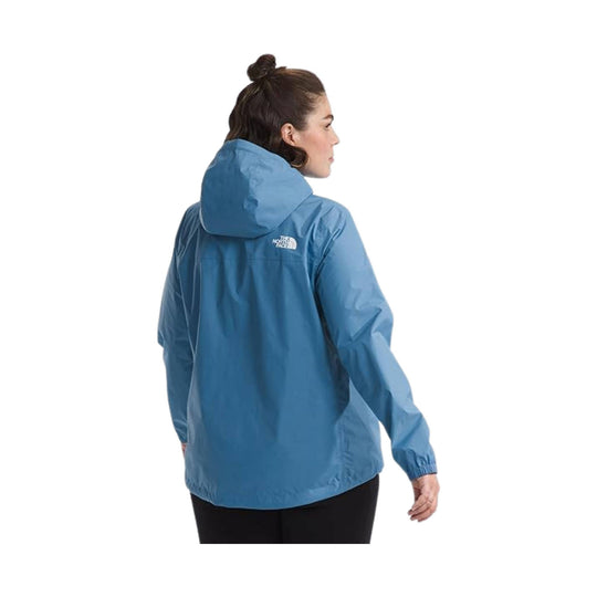 Blue hooded rain jacket shown from the back and side