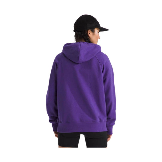 Purple hooded sweatshirt shown from the back on a model wearing a black cap and black shorts.