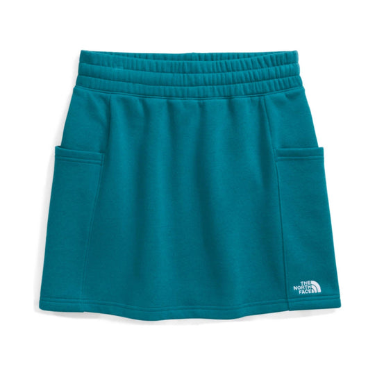 Teal athletic skirt with a wide elastic waistband and side pockets, shown front view